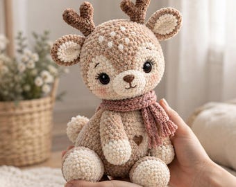 May include: A crocheted deer plush toy with light brown and cream yarn, featuring dark brown antlers, large black eyes, a small brown nose, and a dusty pink scarf. The deer has a small brown heart detail on its chest and a fluffy white tail.