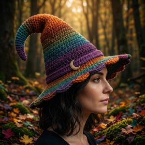 May include: A crocheted witch hat featuring a vibrant rainbow gradient of orange, green, blue, and purple yarn. The pointed, curved hat includes a wide, wavy brim and a small, metallic gold-colored crescent moon charm attached to the base.