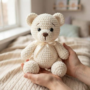May include: A cream-colored crocheted teddy bear made of soft yarn with a textured, looped surface. The bear features dark, round plastic eyes, a brown embroidered nose, and a smooth, light-colored ribbon tied in a bow around its neck.