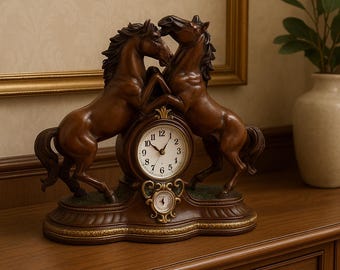 Equestrian Desk Clock: Cast Marble Rearing Horses Sculpture,Valentines Gift,mothers day gift