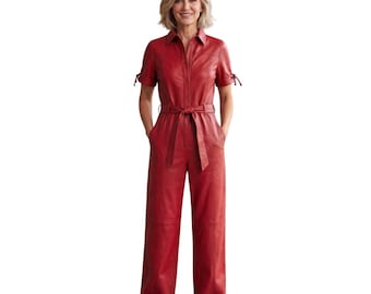 Genuine Leather Women's Red Jumpsuit - Handmade Red Leather Jumpsuit Women - Women's Designer Outfit