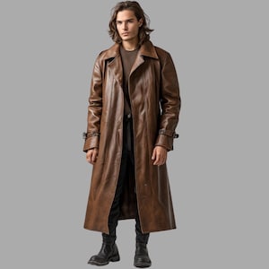 Handmade brown real leather for men   -   Independence Day Long Leather Jacket