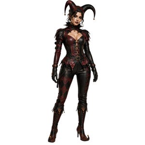 Pode incluir: Um traje inspirado em um bobo da corte, apresentando um macacão de couro sintético bicolor preto e vermelho escuro com um padrão de diamantes nas pernas. O conjunto inclui um acessório de cabeça com dois chifres, um corpete de gola alta, luvas e botas pontiagudas.