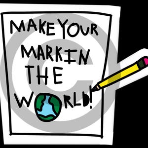 May include: A white rectangular sticker featuring the black hand-drawn text "MAKE YOUR MARK IN THE WORLD!" with a small illustration of the Earth replacing the letter O and a yellow pencil with a pink eraser pointing toward the exclamation mark.