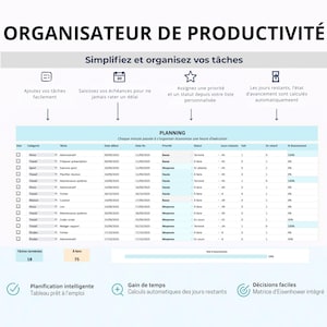 May include: A digital productivity organizer with a blue and white color scheme. The image displays a task management system with a planning section, showing task details, due dates, and progress. Text includes "Simplify and organize your tasks."