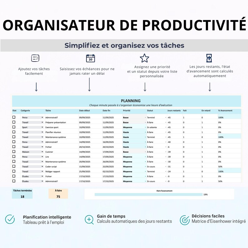 May include: A digital productivity organizer with a blue and white color scheme. The image displays a task management system with a planning section, showing task details, due dates, and progress. Text includes "Simplify and organize your tasks."
