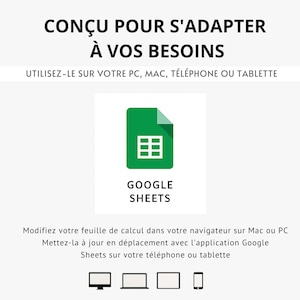 May include: A green Google Sheets icon with a white grid, with the text "GOOGLE SHEETS" below it. The image includes the text "CON&Ccedil;U POUR S'ADAPTER &Agrave; VOS BESOINS" and instructions to use it on PC, Mac, phone, or tablet.