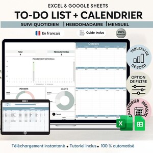 Peut inclure: Modèle numérique de liste de tâches et de calendrier pour Excel et Google Sheets. L'image montre un ordinateur portable et une tablette affichant l'interface, avec des options pour les vues quotidiennes, hebdomadaires et mensuelles. Texte : "To-Do List + Calendrier".