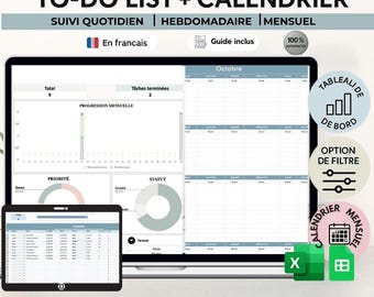 Att-göra-lista och automatiserad kalender, spårare och planerare, mall för uppgiftslista, fransk planerare, Google Sheets och Excel
