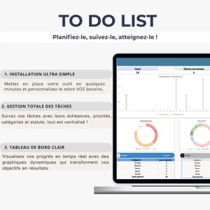 May include: A laptop screen displays a "TO DO LIST" interface with charts and data visualizations. The screen shows a progress bar, pie charts, and a table with categories and remaining days. Text on the screen includes "INSTALLATION ULTRA SIMPLE" and "TABLEAU DE BORD CLAIR".