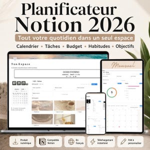 Planner Notion esthétique 2026 (FR) : objectifs, tâches, habitudes, budget, calendrier mensuel hebdomadaire annuel