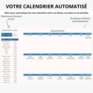 May include: A digital calendar template with the title "VOTRE CALENDRIER AUTOMATIS&Eacute;" in French. The calendar is organized by month, with a focus on September 2025. It includes sections for tasks and dates, with arrows pointing to key features.