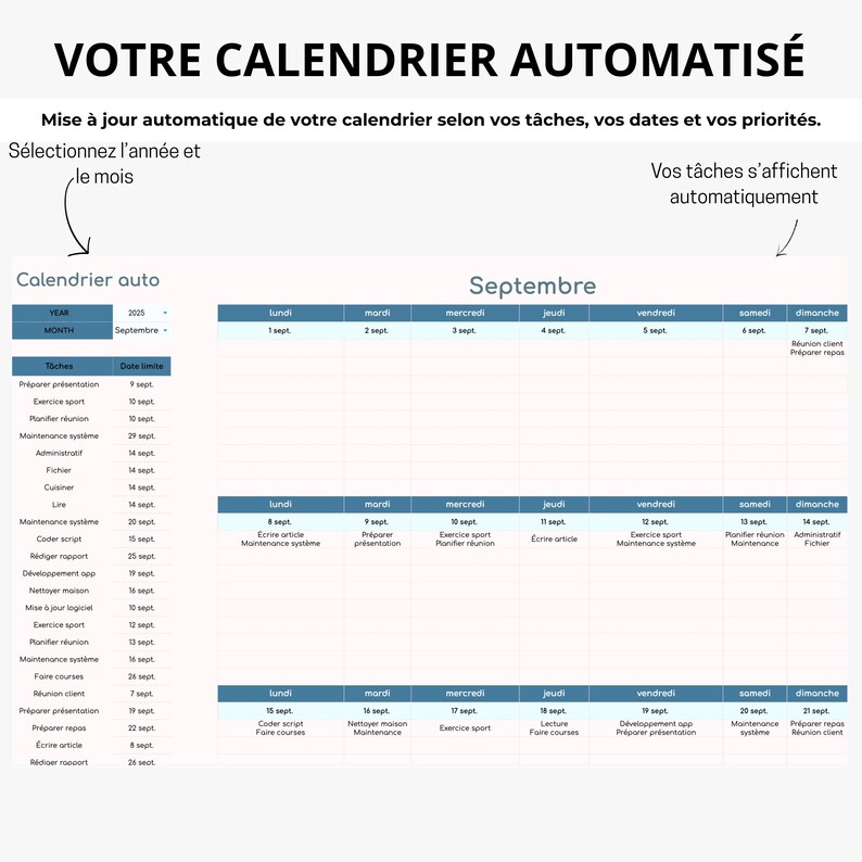 May include: A digital calendar template with the title "VOTRE CALENDRIER AUTOMATIS&Eacute;" in French. The calendar is organized by month, with a focus on September 2025. It includes sections for tasks and dates, with arrows pointing to key features.