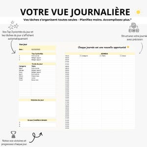 May include: A daily planner template with the title "VOTRE VUE JOURNALI&Egrave;RE" in black text. The planner includes sections for daily priorities, to-do lists, and a schedule from 6:00 to 23:30. The layout is in a light yellow and white color scheme.