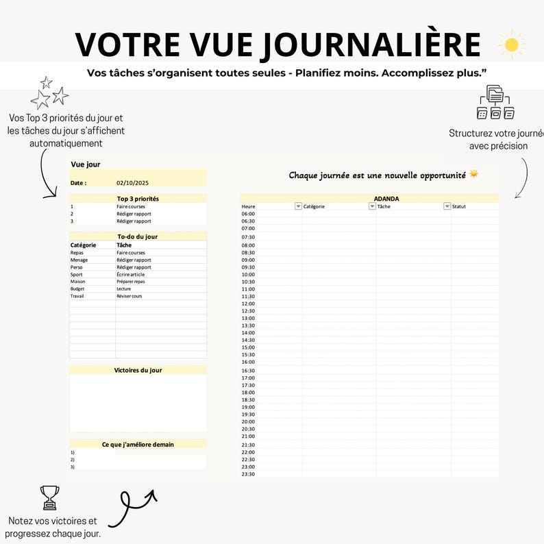 May include: A daily planner template with the title "VOTRE VUE JOURNALI&Egrave;RE" in black text. The planner includes sections for daily priorities, to-do lists, and a schedule from 6:00 to 23:30. The layout is in a light yellow and white color scheme.