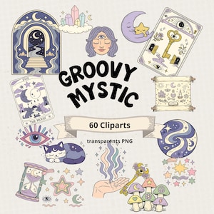 Peut inclure: Une collection de 60 cliparts mystiques et groovy dans un style vintage. L'image présente des illustrations de cartes de tarot, un croissant de lune, un chat, un troisième œil, des champignons et le texte "GROOVY MYSTIC". Les cliparts sont dans des tons de violet, de bleu et d'or.