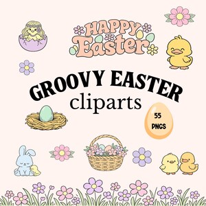 Peut inclure: Une collection de cliparts "Groovy Easter" avec une esthétique rétro. L'image présente diverses illustrations sur le thème de Pâques, notamment des poussins, des lapins, des œufs, des fleurs et un panier. L'expression "Happy Easter" est également affichée.
