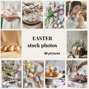 Peut inclure: Un collage de photos de stock sur le thème de Pâques. Les images incluent des œufs dorés, des œufs aux couleurs pastel, des cupcakes, des tulipes et un lapin. Le texte central indique "EASTER stock photos 80 pictures."