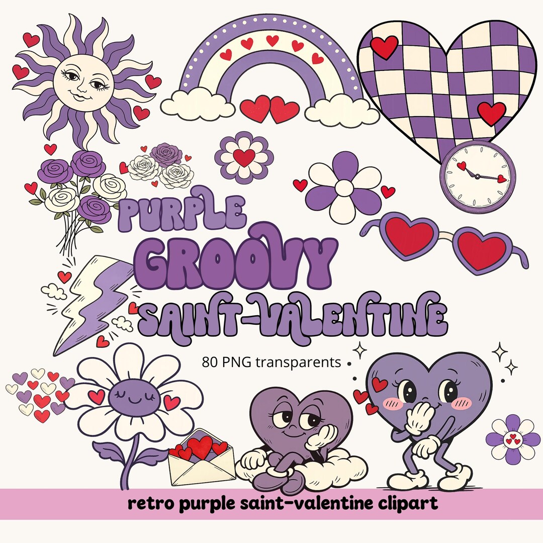 Groovy Purple Valentine Clipart Bundle for Planners, Stickers & Canva ...
