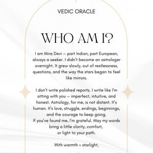 May include: A cream-colored card with the text "VEDIC ORACLE" and "WHO AM I?" in a stylized font. The card includes a message from Mira Devi about astrology, with a decorative arch and starburst accents.