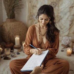 May include: A woman in a rust-colored jumpsuit sits cross-legged, writing on a notepad with a pencil. She is surrounded by candles, a woven vase, and decorative items. The scene has a bohemian, spiritual aesthetic.