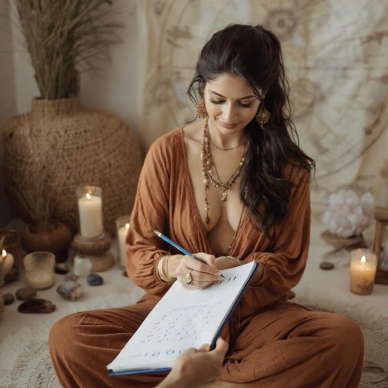 May include: A woman in a rust-colored jumpsuit sits cross-legged, writing on a notepad with a pencil. She is surrounded by candles, a woven vase, and decorative items. The scene has a bohemian, spiritual aesthetic.