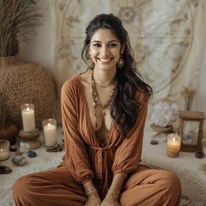 May include: A woman wearing a rust-colored jumpsuit, seated cross-legged, smiles at the camera. She wears layered necklaces, earrings, and bracelets. Lit candles and decorative items surround her, creating a warm, inviting atmosphere.