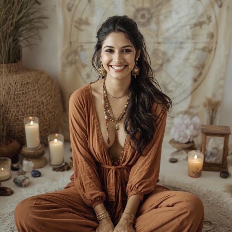May include: A woman wearing a rust-colored jumpsuit, seated cross-legged, smiles at the camera. She wears layered necklaces, earrings, and bracelets. Lit candles and decorative items surround her, creating a warm, inviting atmosphere.