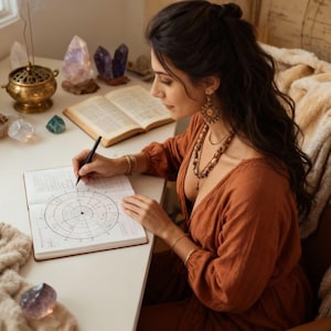 May include: A woman in an orange dress is writing in a notebook with a circular chart. Crystals, an open book, and a brass incense burner are on the white desk. The woman is wearing jewelry and has long dark hair.
