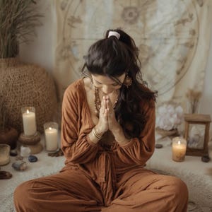 May include: A person wearing a rust-colored jumpsuit sits cross-legged with hands clasped in prayer. The scene includes lit candles, crystals, and a woven basket, suggesting a spiritual or wellness theme. A large, circular map hangs in the background.