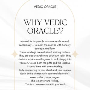 May include: A cream-colored graphic with the text "VEDIC ORACLE" at the top, followed by "WHY VEDIC ORACLE?" in large, bold letters. The text describes the nature of Vedic readings and is signed by Mira Devi.