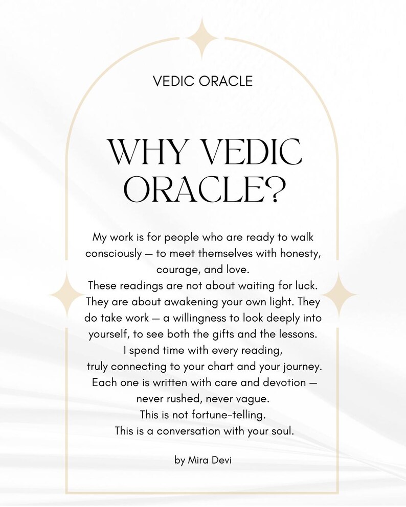 May include: A cream-colored graphic with the text "VEDIC ORACLE" at the top, followed by "WHY VEDIC ORACLE?" in large, bold letters. The text describes the nature of Vedic readings and is signed by Mira Devi.
