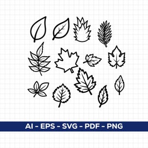 May include: A collection of black and white line art leaf illustrations. Various leaf shapes are depicted, including maple, oak, and fern leaves. The image includes the text "AI - EPS - SVG - PDF - PNG" at the bottom.