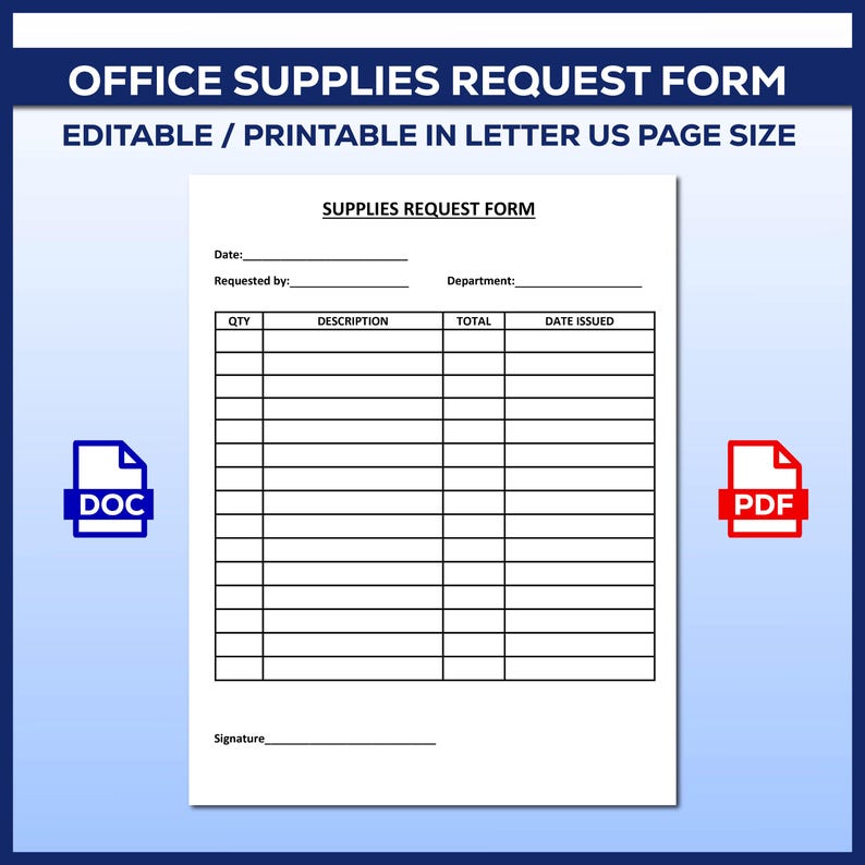 Editable Office Supplies Request Form: Printable Business Template ...