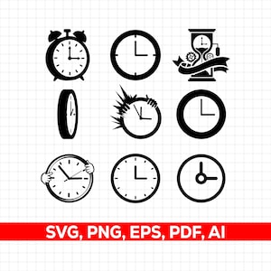 Peut inclure: Plusieurs illustrations noires et blanches de montres et d'objets liés au temps. Les dessins comprennent des réveils, des horloges classiques, un sablier et des horloges avec des aiguilles. Le bas de l'image contient le texte "SVG, PNG, EPS, PDF, AI".