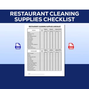 以下が含まれることがあります： 白い背景に「RESTAURANT CLEANING SUPPLIES CHECKLIST」というタイトルのチェックリスト。 チェックリストは、化学薬品と清掃用品のセクションに分かれており、ブランド、日付、注文情報が記載されています。 左側に青い「DOC」アイコン、右側に赤い「DOC」アイコンがあります。