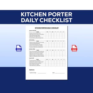 Könnte beinhalten: Eine weiße tägliche Checkliste für Küchenmitarbeiter mit blauem Header. Die Checkliste umfasst Abschnitte für die allgemeine Reinigung, das Spülen, die Küchennutzung und Aufgaben am Schichtende. Das Dokument enthält einen Platz für Unterschriften.