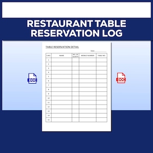 Può includere: Un registro di prenotazione tavoli ristorante con il titolo "RESTAURANT TABLE RESERVATION LOG" in testo bianco su sfondo blu scuro. Il registro include campi per nome, numero di ospiti, numero di cellulare e numero del tavolo. Un'icona DOC è a sinistra e a destra.