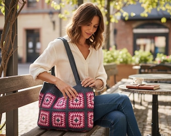 Granny Square Crochet Tote Bag: Colorful Hippie Shoulder Bag