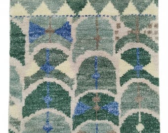 Hand Knotted Geometric Green & Blue Wool Rug | Modern Tribal Pattern | Handmade Art Rug
