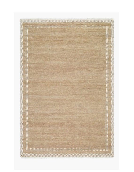Hand Knotted Beige Border Design Area Rug | Modern Minimalist Wool Rug | Neutral Handmade Carpet