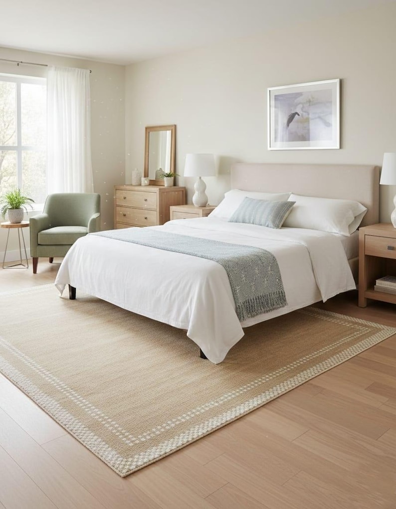 May include: A bedroom scene featuring a bed with white bedding, a light blue throw, and a matching pillow. A beige rug with a white border sits on the light wood floor. The room includes a dresser, side tables, lamps, and a green armchair.