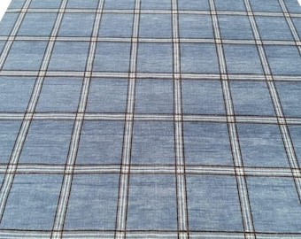 Hand Knotted Blue Plaid Rug – Scandinavian Style Wool Rug with Tassels