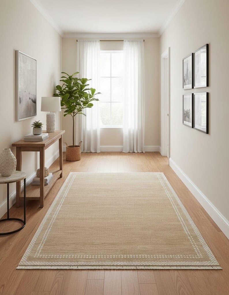 May include: A rectangular beige rug with a white border is centered in a hallway with hardwood floors. The hallway has white walls, a window with sheer white curtains, and a wooden console table with decor.