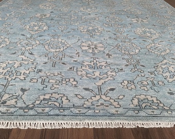 Hand Knotted Blue Wool Rug, Classic Floral Oriental Design