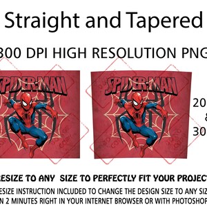 Op de afbeelding: Twee rood-zwarte Spider-Man-thema ontwerpen. Elk ontwerp bevat het Spider-Man-logo en een afbeelding van Spider-Man in actie. De tekst luidt "Straight and Tapered", "300 DPI HIGH RESOLUTION PNG" en "Resize to any size". De ontwerpen zijn verkrijgbaar in 567 ml en 850 ml.