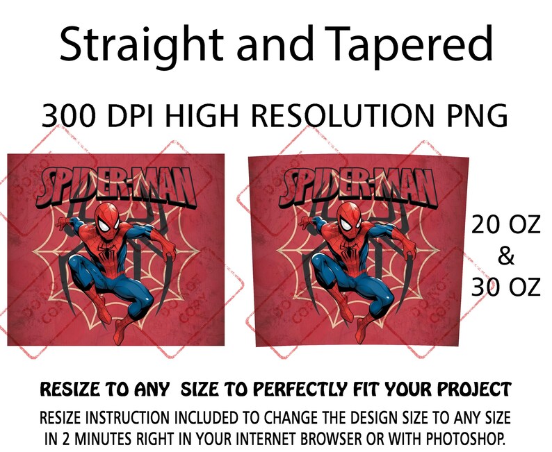 Op de afbeelding: Twee rood-zwarte Spider-Man-thema ontwerpen. Elk ontwerp bevat het Spider-Man-logo en een afbeelding van Spider-Man in actie. De tekst luidt "Straight and Tapered", "300 DPI HIGH RESOLUTION PNG" en "Resize to any size". De ontwerpen zijn verkrijgbaar in 567 ml en 850 ml.