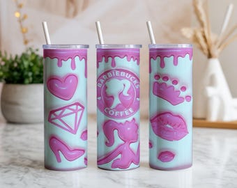 Adesivo para copo térmico rosa feminino com efeito de gotejamento | 590ml (20oz) | Estilo boneca glamourosa, corações e lábios fofos