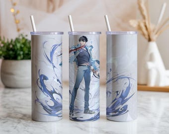 Adesivo para copo térmico fino de 590ml (20oz) estilo anime guerreiro – Design de personagem de fantasia, arte de energia azul, PNG para sublimação