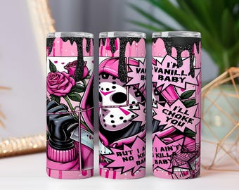 Design PNG de embalagem de copo inspirado em terror rosa – rosas, capuz e texto em negrito – download digital de 20 oz